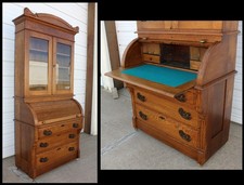 Antique Victorian Cylinder Roll-Top Secretary Desk with Glazed Bookcase Top — listing 3