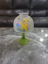 Vintage Frosted Pink Satin Glass Fairy Lamp with Hand-Painted Floral Shade, 5.5" Tall — listing 2