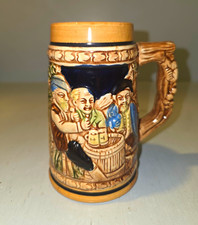 Vintage German High-Relief Ceramic Beer Stein with Valkyrie/Norse Battle Scene, 'Lebensmüd', Twig Handle, No Lid