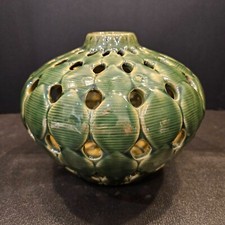 Vintage Chinese/Asian Green Glazed Pottery Fan-Shaped Reticulated Flower Vase / Wall Pocket — listing 2