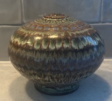 Studio Art Pottery Ribbed Bud Vase with Lavender & Tan Drip Glaze