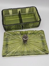 Vintage Avocado Green Pressed Glass Ruffled Compote / Candy Dish with Star Pattern — listing 2