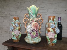 Antique French Barbotine Majolica Twin-Handled Vase with Applied Roses and Lilacs