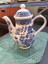 Mid-Century Blue & White Partial Tea Set - Teapot with Bamboo Handle, 4 Cups, Creamer & 2 Footed Compotes — listing 3