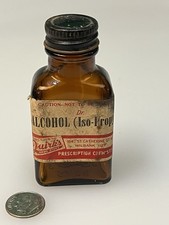 Vintage Amber Glass Apothecary 'ALCOHOL' Label Bottle with White Screw Cap