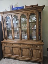 Vintage French Provincial Style China Cabinet / Breakfront Hutch with Brass Grille Doors