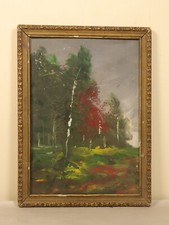 Vintage Framed Oil Painting on Canvas, River Landscape with Birch Trees and Distant Mountains — listing 4