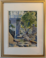 Original Signed Watercolor Landscape Painting, Trees and Hillside, Signed Haughey and Dated 1950