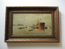 Antique Oil Painting Coastal Harbor Scene with Figures, Signed, in Ornate Gilt Frame