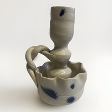 Williamsburg Pottery 3-Piece Salt-Glaze Stoneware Candle Set with Cobalt Leaf Motif — listing 2