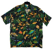 Vintage Scorpio Hawaiian Aloha Shirt, Navy Hibiscus & Banana Leaf Print, Men's XL — listing 3