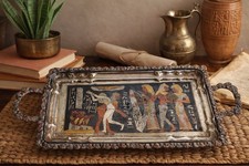 Vintage Egyptian Revival Repoussé Metal Serving Tray with Figural Border and Twin Handles