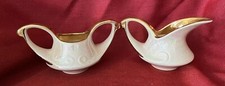 Vintage Pearl Lusterware Creamer and Open Sugar Bowl Set with Gold Trim, Maker Unknown