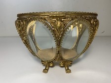 Vintage Ormolu Filigree Oval Jewelry Casket Box with Beveled Glass Lid — listing 6