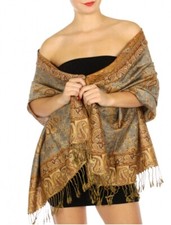 Reversible Paisley Jacquard Pashmina Shawl with Fringe, Brown/Tan/Cream, listing 2