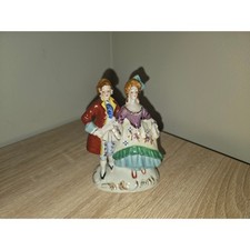 Colonial Courting Couple Porcelain Figurine, Lady with Harp and Gentleman on Bench, Blue and Gold Victorian Style — listing 3