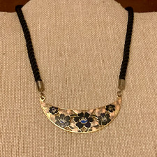 cloisonne enamel Vintage Cloisonné Enamel Crescent Bib Necklace with Floral Design on Blue Cord — listing 3