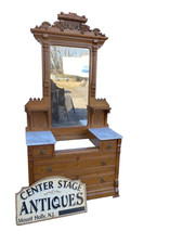 Antique Oak Dresser with Swinging Beveled Mirror, Bow-Front Base — listing 3