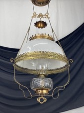 Antique Victorian Brass Hanging Oil Lamp (Electrified) with White Milk Glass Dome Shade — listing 2