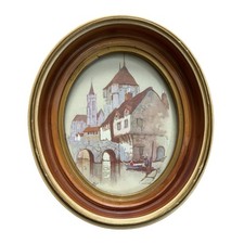Framed European Village Watercolor Print with Church Spire and Timbered Houses — listing 4