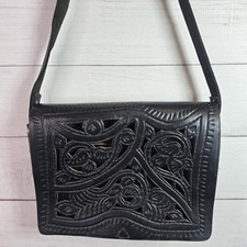 Hand-Tooled Embossed Leather Crossbody Bucket Bag with Multicolor Floral/Sun Motif — listing 2