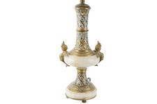 Antique Onyx & Gilt Bronze Urn-Form Table Lamp with Tiffany-Style Stained Glass Floral Shade — listing 4