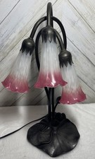 Tiffany-Style Five-Light Lily Table Lamp with Amber-Green Glass Tulip Shades and Lily Pad Bronze Base — listing 4
