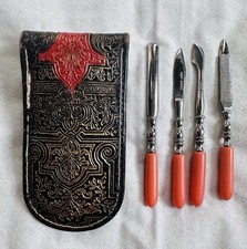 Antique Travel Manicure Set with Celluloid Handles in Aqua Brocade Snap Case — listing 2