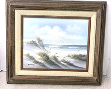 Original Oil Painting on Canvas, Beach Dunes with Sand Fence Coastal Landscape, Signed D. Ewing, Framed — listing 5