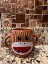 Sock Monkey Ceramic Double-Handled Mug with Knit-Pattern Design