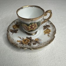 Napco Hand-Painted Porcelain Demitasse Teacup with Floral Bouquet and Burgundy Panels
