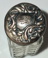 Vintage Cut Glass Vanity Perfume Bottle with Fan-Shaped Ornate Dauber Stopper — listing 3