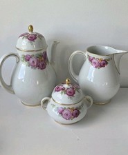Antique Ivory Porcelain Coffee Pot with Gilt Scalloped Rim and Molded Floral Relief — listing 3
