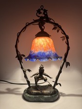 Antique Slag Glass Table Lamp with Figural Cherub Base and Amber Panel Shade — listing 2