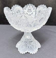 Vintage Pressed Glass Footed Compote with Painted Fruit and Leaf Design, Scalloped Rim — listing 6