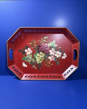 Nashco Hand-Painted Tole Metal Tray with Pierced Rim, Blue Floral Design — listing 3