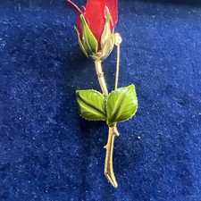 Pair of Vintage Red Plastic Rose Flower Brooches with Green Stems — listing 6