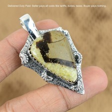 Handmade Artisan Silver-Tone Pendant with Faceted Crystal and Tiger's Eye Bead, 2-1/4" Diameter — listing 6