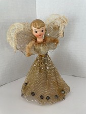 Christmas Angel Tree Topper with Porcelain Face, Red Plaid Gown, Faux Fur Trim and Feather Wings — listing 5