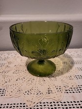 Vintage Emerald Green Pressed Glass Ruffled Compote with Grape & Leaf Pattern on Pedestal Base — listing 4
