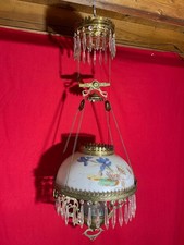 Antique Victorian Hanging Oil Library Lamp with Hand-Painted Rose Font and White Milk Glass Dome Shade — listing 6