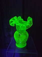 Vintage Bohemian Cut-to-Clear Uranium Vaseline Glass Footed Vase with Tulip Wheel-Cut Design — listing 4