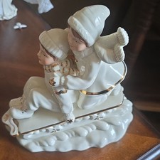 Porcelain Winter Sledding Children Figurine, Blue and White — listing 3