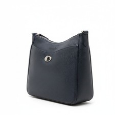 Navy Blue Pebbled Leather Crossbody Bucket Bag with Ring Buckle Accent — listing 4