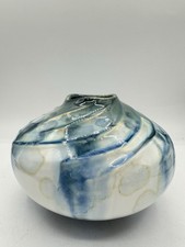 Crystalline Glaze Studio Pottery Round Moon Vase, Beige/Cream, 7 in wide — listing 2