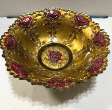 Antique Goofus Glass Bowl with Red Roses and Gold Leaf Pattern — listing 4