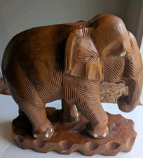 Carved Wood Elephant Figurine with White Floral Inlay Decoration — listing 4
