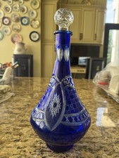 Blown Glass Decanter with Cobalt Blue Flame Stopper, Gold Accent and Pedestal Foot — listing 3