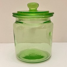 Vintage Uranium Green Glass Square Hoosier Canister Jar with Green Metal Lid
