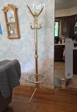Vintage Brass Standing Coat Rack / Hall Tree with Curved Hooks and Tripod Base — listing 3